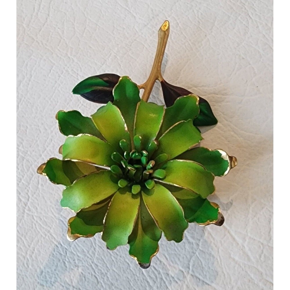 Vintage 1950-60s 2-Tone Green Enamel Layered Metal Huge Flower Brooch Pin 4" - Picture 3 of 6